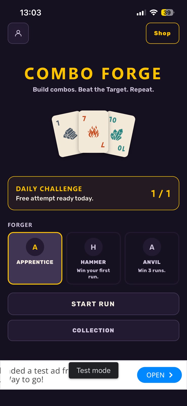 Combo Forge home screen
