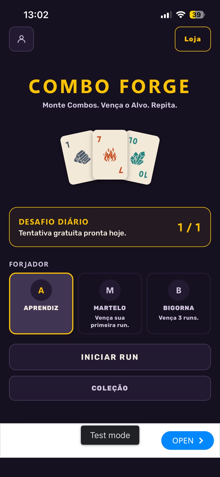 Tela inicial do Combo Forge